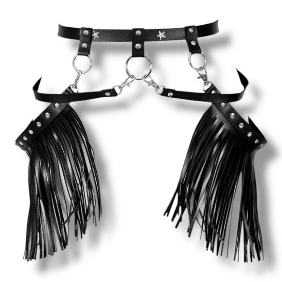 Black Vegan Silver Stars Waist Tassel Fringe Belt NEW - Picture 2 of 4